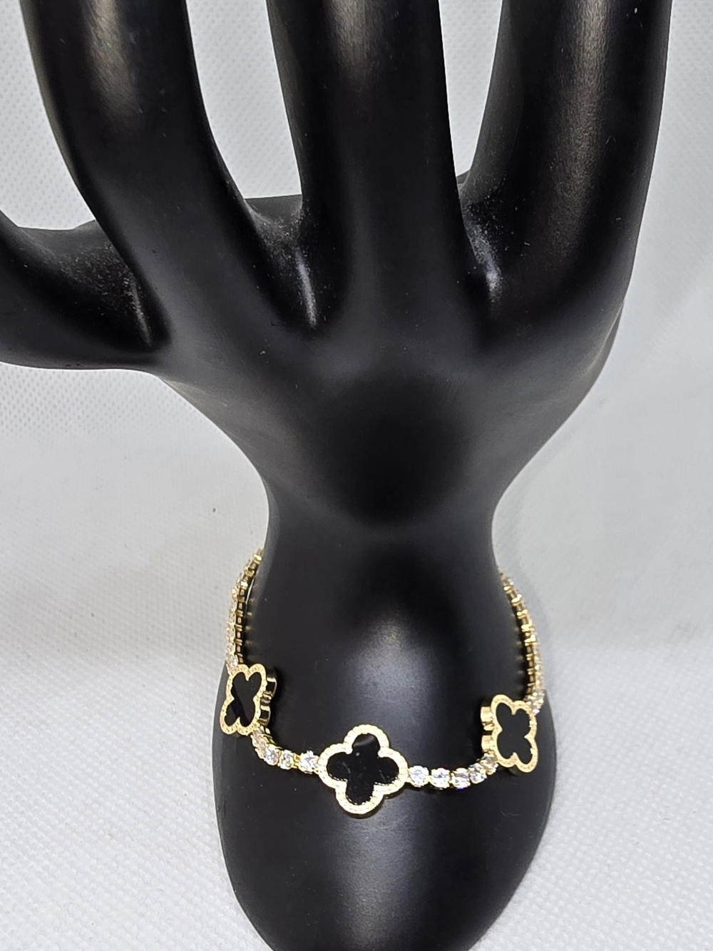 14K Gold Premium Plated Finish Black Clover CZ Tennis Bracelet.